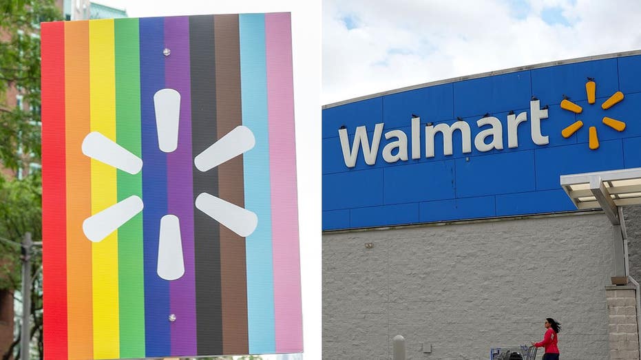 A Walmart Pride flag next to a Walmart store