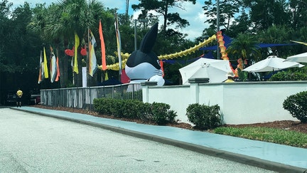 A spokesman for the Crowne Plaza near Disney Springs say the outdoor decorations were moved indoors, but one was seen in the pool area of the hotel.
