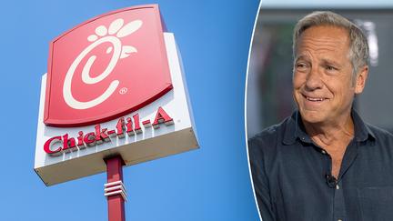MikeRoweWorks Foundation CEO Mike Rowe pictured on the right next to a sign of the popular fast-food chain, Chick-Fil-A. The restaurant made headlines when it began offering a summer camp for kids. 