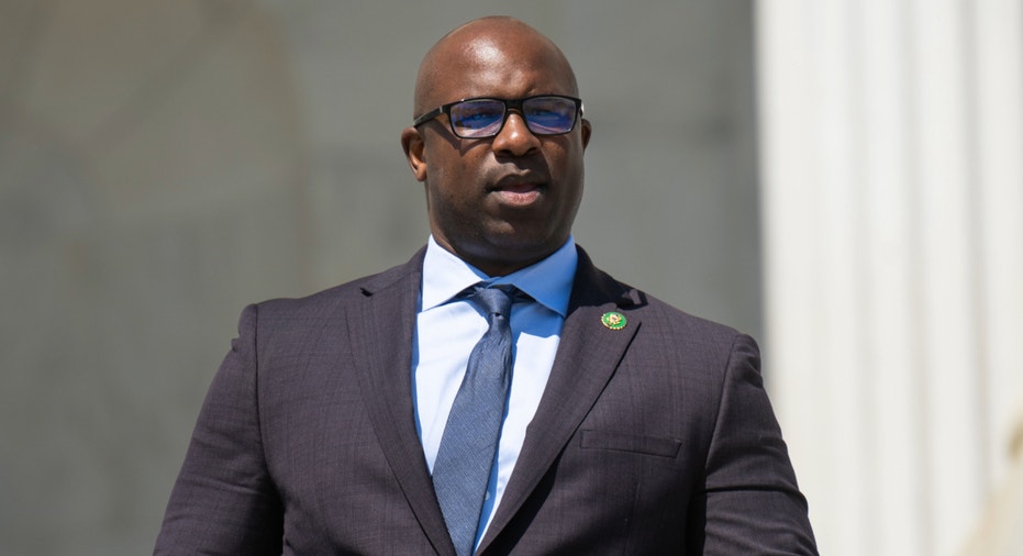 Rep. Jamaal Bowman, D-N.Y., walks down the House steps after the last votes of the week in the Capitol on April 20, 2023.