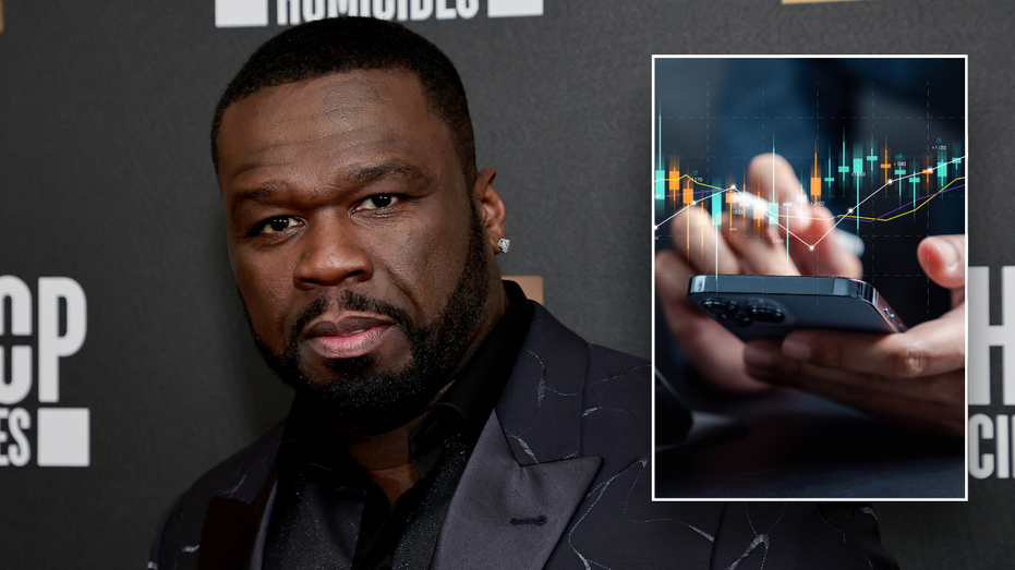 Split image of 50 Cent and crypto chart