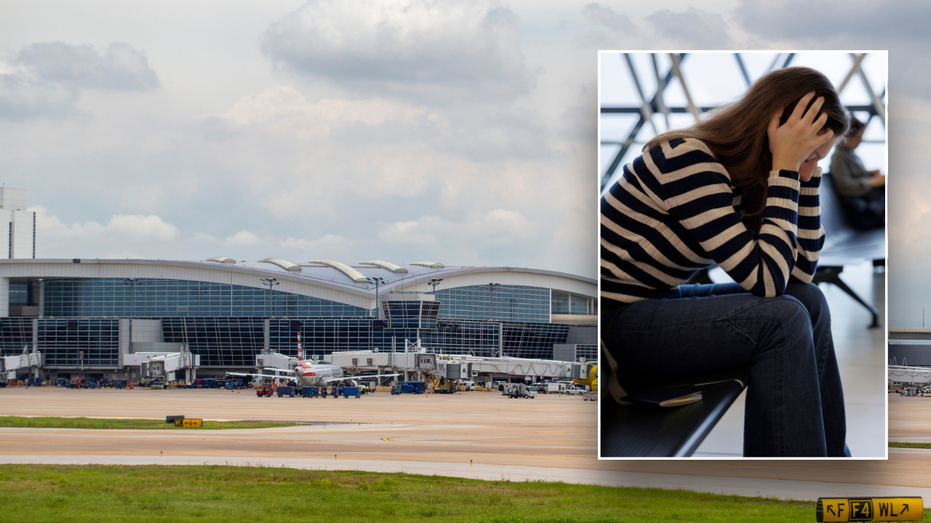 Split image of Dallas airport and sad traveler