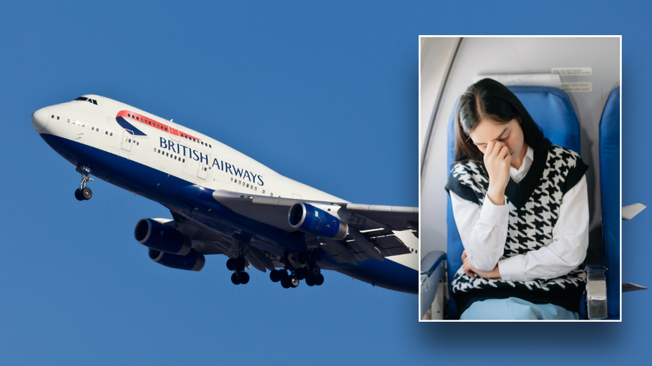 Split image of annoyed woman and BA flight