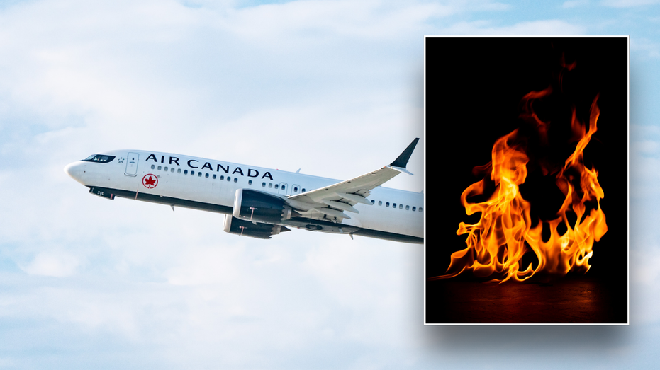 Split image of Air Canada flight and fire