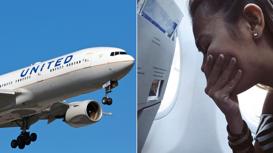Split image of United airplane and sick passenger