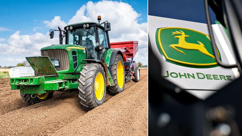 John Deere tractor and logo