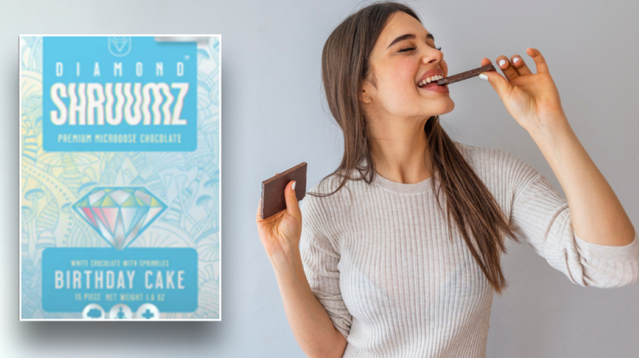 Woman eating chocolate next to Shruumz logo