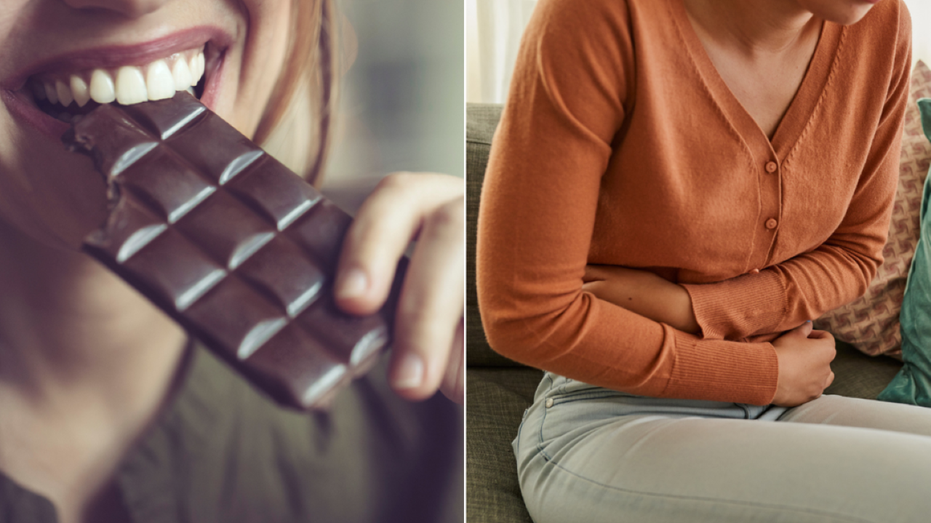 Split image of a woman eating chocolate and a woman holding her stomach