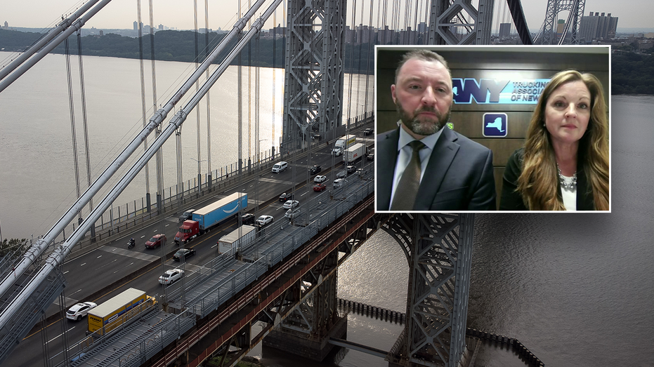 Vehicles driving across a bridge (background) Two individuals looking into the camera (right box)