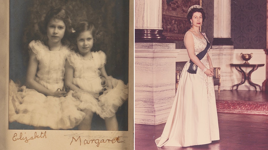 Side by side photos of vintage Queen Elizabeth II items
