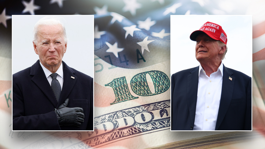 Biden (Left) Trump (right) American flag fading into US dollar bill