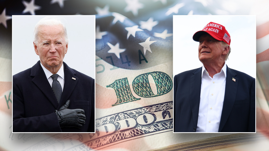 Biden (Left) Trump (right) American flag fading into US dollar bill