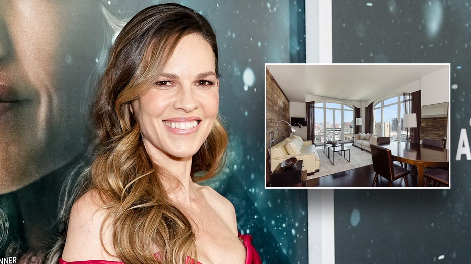 Hilary Swank on the red carpet with an inset of the inside of her home.