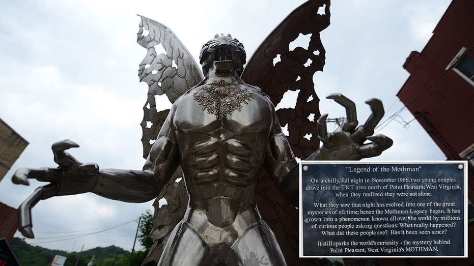 Statue of Mothman and inset of the story of the Mothman
