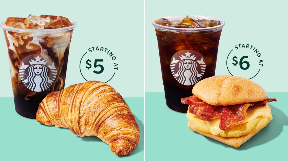 images of Starbucks' new "Pairings" menu featuring a $5 offer and a $6 offer