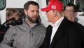 US Senator JD Vance (R-OH) (L) shakes hands with former US President Donald Trump during an event at the East Palestine Fire Department in East Palestine, Ohio, on February 22, 2023. - Hundreds of evacuated residents have been allowed to return home following a cargo train derailment in East Palestine, Ohio, on February 3, 2023, however many have voiced alarm over health issues, with some reporting headaches and stating that they fear they may end up with cancer in several years. (Photo by Rebecca DROKE / AFP) 