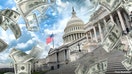 An illustration of money flying around the US Capitol as government spending.