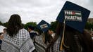 Students walk out from the George Washington University (GWU) commencement ceremony on the National Mall on May 19, 2024 in Washington, DC. Student protests across university campuses have continued with walkouts occurring during commencement ceremonies as part of a coordinated effort to demand that institutions of higher education divest from companies and endowments with ties to Israel, amid Israels continued siege of Gaza. 