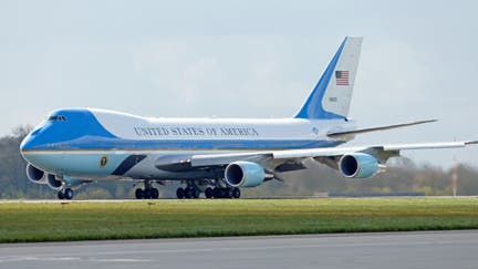 Air Force One taxis along the runway at Stansted Airport as US President Barack Obama departs after a four day visit to the UK, on April 24, 2016 in London, England. 