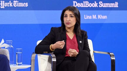 NEW YORK, NEW YORK - NOVEMBER 29: Lina Khan, Chairperson of the Federal Trade Commission, speaks onstage during The New York Times Dealbook Summit 2023 at Jazz at Lincoln Center on November 29, 2023 in New York City. 