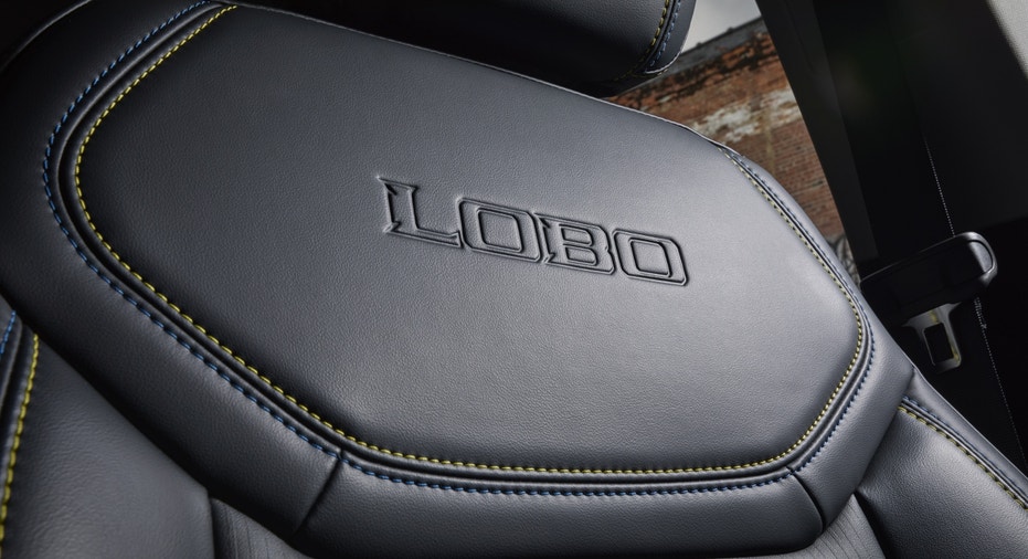 A view of the embossed Lobo on the Maverick Lobo's seats.