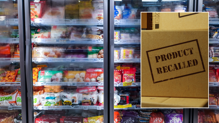 Split image of product recall logo with frozen food aisle