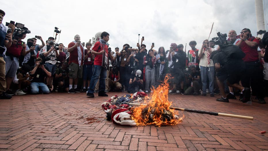 Pro-Palestinian protesters burn US flag 