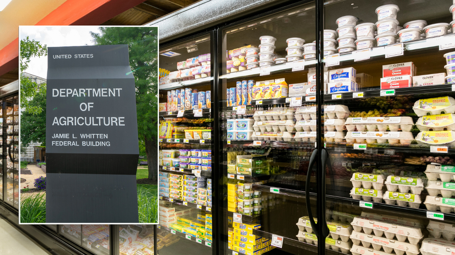 Split image of egg aisle with USDA logo