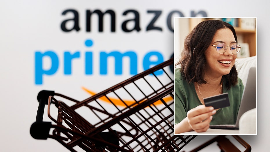 Amazon Prime Day logo behind woman online shopping