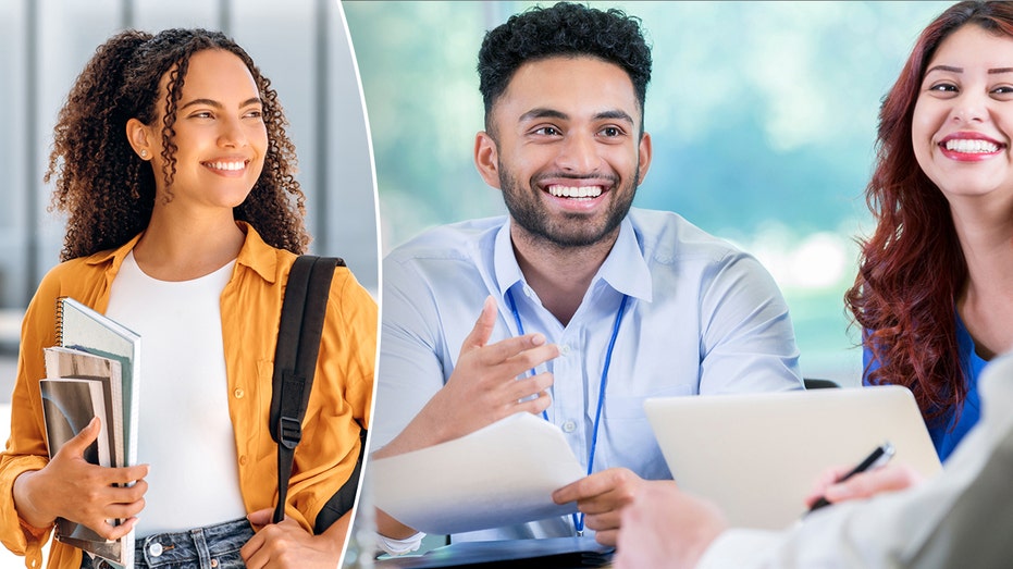 A college student wearing a backpack next to a photo of colleagues talking