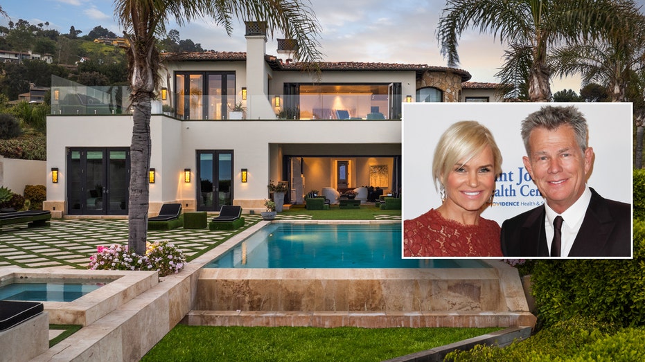 The exterior of a home with the pool and an inset of David Foster and Yolanda Hadid on the red carpet.