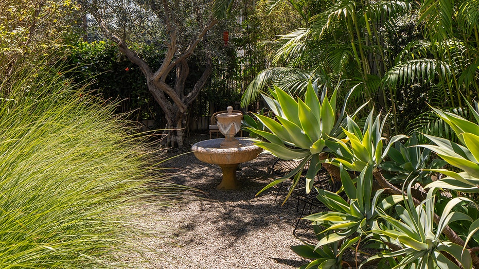 The backyard has a fountain and a hammock retreat.