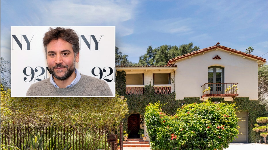 The outside of a Los Angeles home with inset of Josh Radnor on the red carpet.