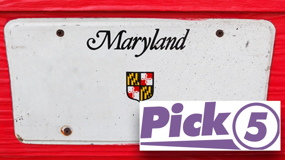 image of blank Maryland license plate with inset of pick5 logo