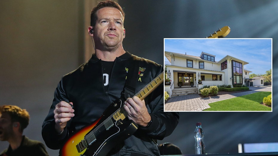 OneRepublic band member on stage with his guitar with an inset of his house.