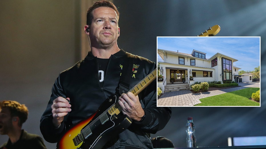 OneRepublic band member on stage with his guitar with an inset of his house.