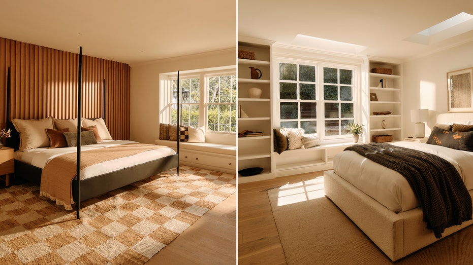 Two bedrooms, one with wood paneling and another with bookshelves