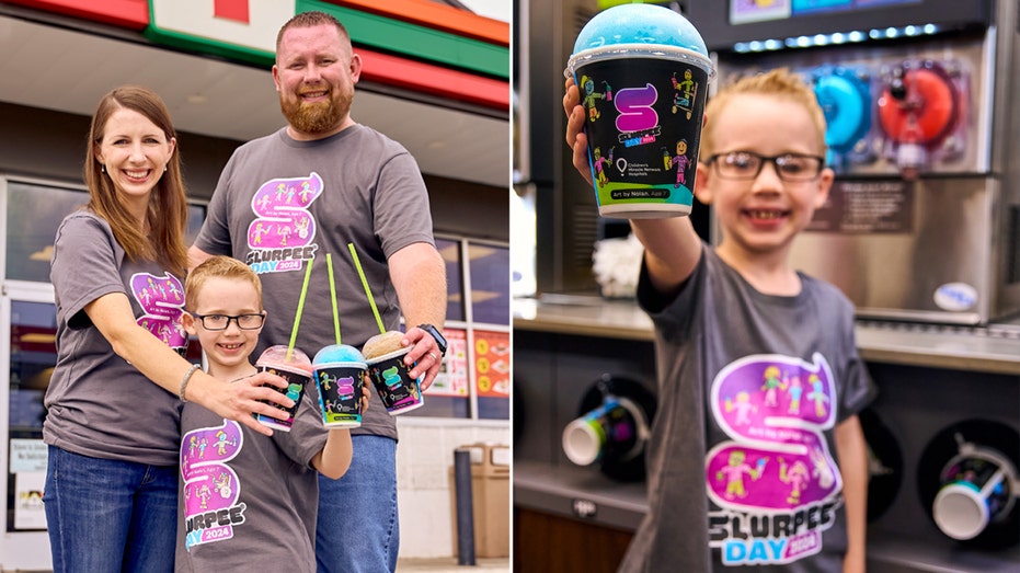 Split image of family holding Slurpee cups split with a young boy holding one.