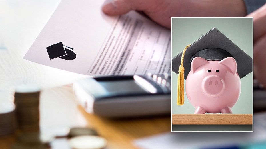 A piggy bank with a graduation cap on and a calculator and student loan form in background