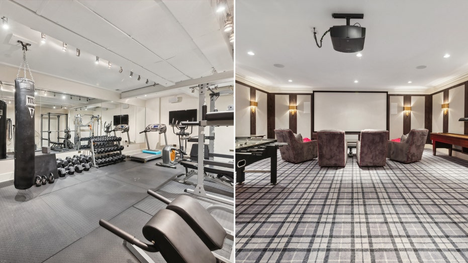 The basement features an at-home gym and a theater room.