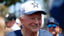 Dallas Cowboys owner Jerry Jones speaks to reporters during the team&apos;s training camp at River Ridge Playing Fields on July 25, 2024 in Oxnard, CA.