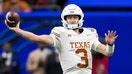 Texas quarterback Quinn Ewers (3) passes the ball during the Allstate Sugar Bowl playoff game between the Texas Longhorns and the Washington Huskies on Monday, January 1, 2024 at Caesars Superdome in New Orleans, LA.  