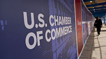 The U.S. Chamber of Commerce seal is displayed during restoration at the headquarters in Washington, D.C., U.S., on Tuesday, March 17, 2020. The chamber called Monday for a three-month cancellation of all payroll taxes paid by employers to address "a sudden and sharp drop in demand" facing businesses due to the coronavirus pandemic. 