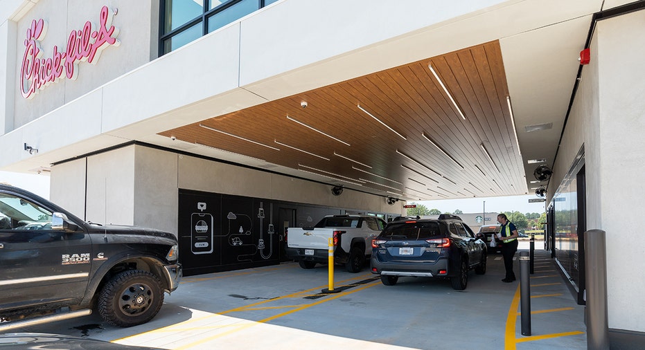 A view of the drive-thru at Chick-fil-A's elevated drive-thru restaurant