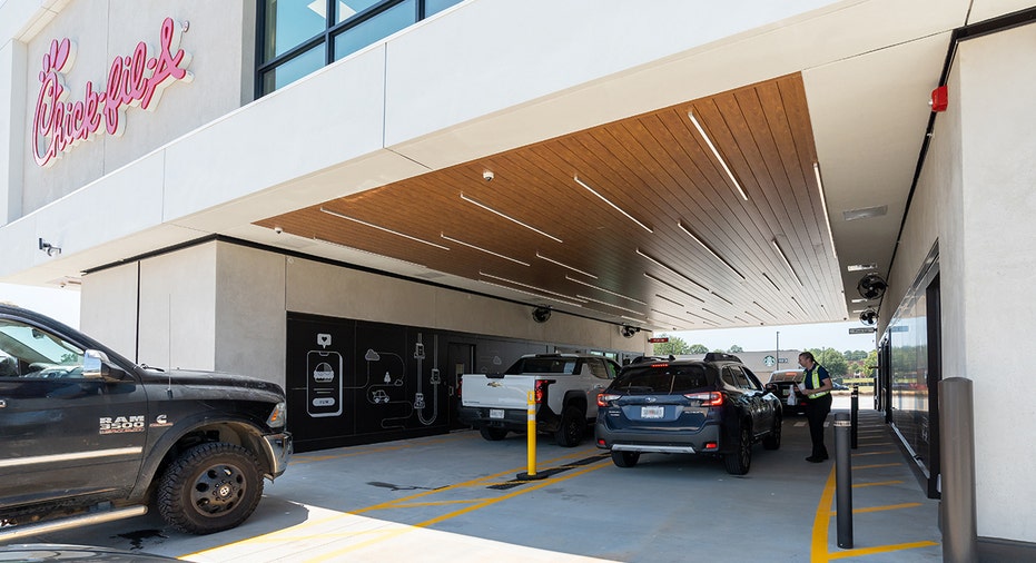 A view of the drive-thru at Chick-fil-A's elevated drive-thru restaurant