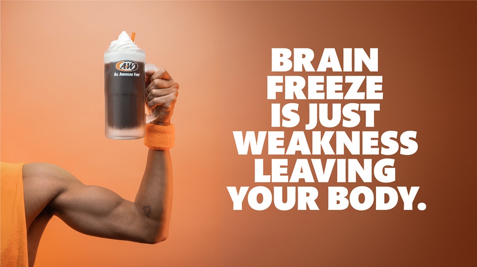 A&W ad for its root beer floats saying "Brain freeze is just weakness leaving your body"