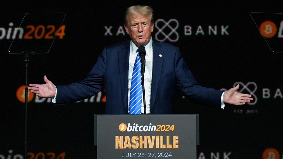 Republican presidential candidate and former President Donald Trump gestures during the Bitcoin 2024 event in Nashville, Tennessee, July 27, 2024.