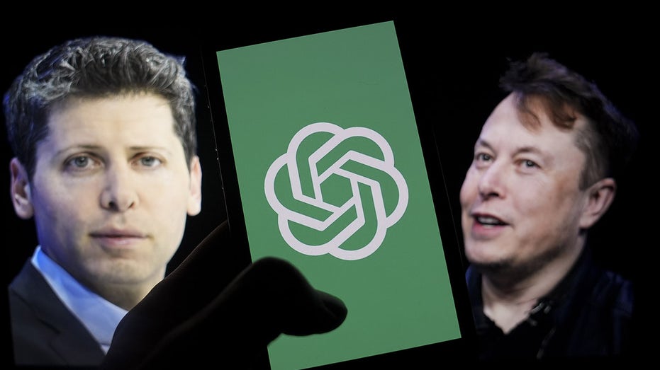 Altman and Musk on either side of an OpenAI logo