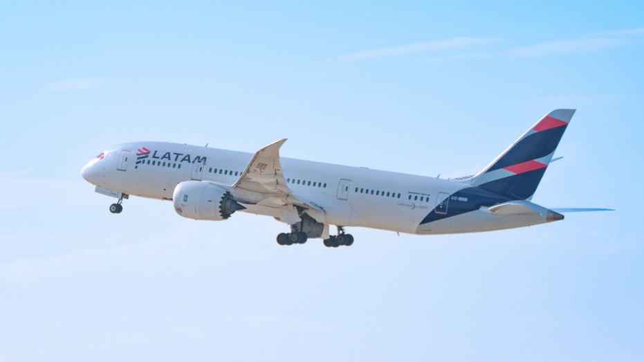 A LATAM 'LAN Chile' Airlines Boeing 787-8 takes off from Los Angeles International Airport on July 30, 2022, in Los Angeles, California.