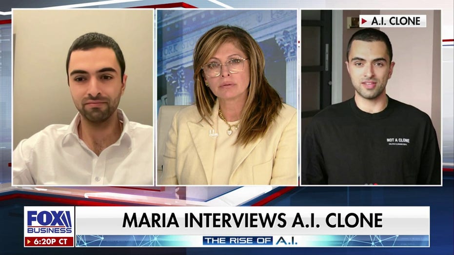 FOX Business host Maria Bartiromo chats with Dara Ladjevardian (L) and his clone (R) on 'Maria Bartiromo's Wall Street.'